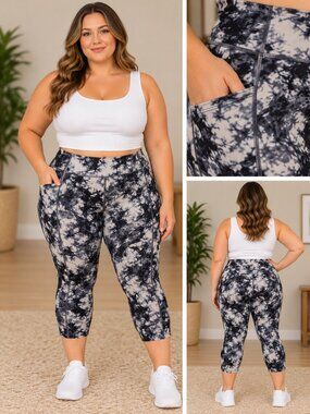Athletic Works Leggings High-Waist Pockets 3/4 Capri Tie-Dye Black & White XXL20